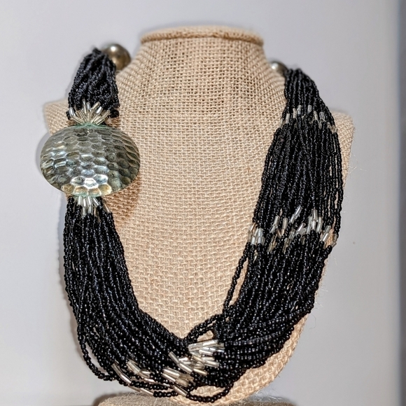 Vintage Layered Black Bead and Silver Statement Necklace - Picture 6 of 8